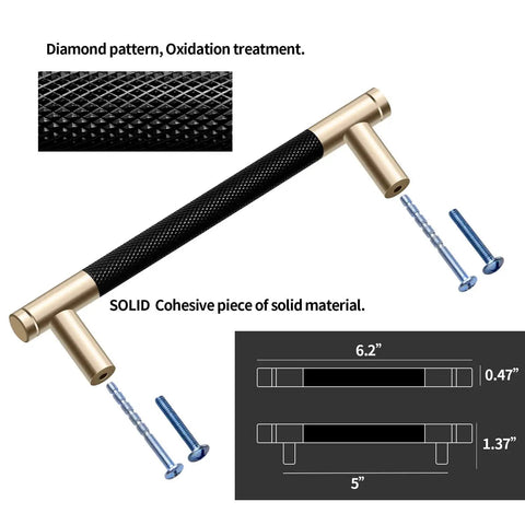 Gold And Black Knurled Bar Cabinet Pulls Sleek With 5 Inch Center To Center, 6.2 Inch Length, 1.37 Inch Width, 0.47 Inch Height, 24 Pack Aluminum Commercial Grade Brushed Gold Drawer Pulls For Cabinets Cupboards Dressers With 48 Short And 48 Long Screws, shown with diamond pattern close-up and dimensions.