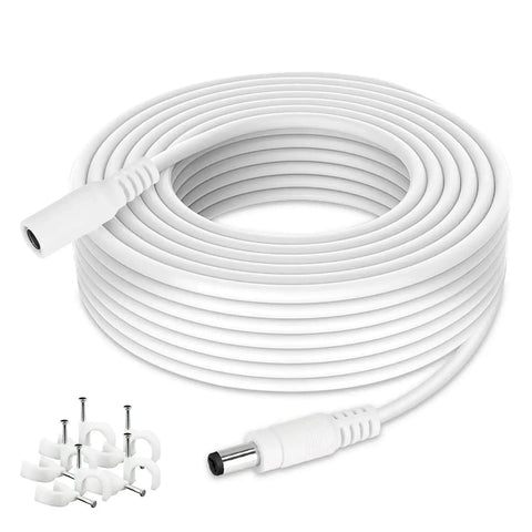 Coiled 33Ft DC Power Extension Cable 2.1mm X 5.5mm Plug For 12V Adapters CCTV Cameras IP Cameras And DVRs White with mounting clips