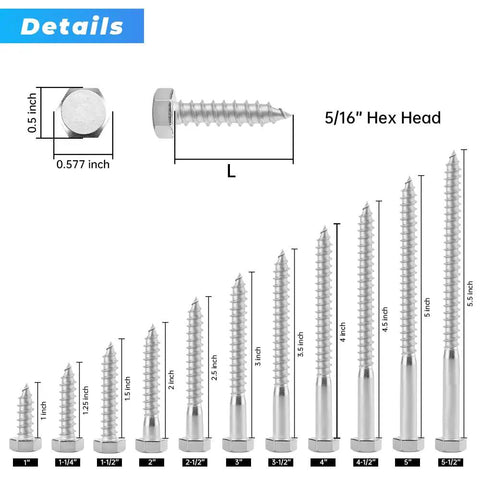 Stainless Steel Hex Lag Bolts For Wood 5 16 Inch By 3 Inch 304 Stainless Steel 18-8 Hex Head Lag Screws diagram