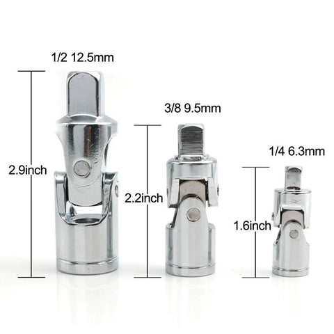 Universal joint adapters, 3-piece chrome vanadium steel set for 1/4, 3/8, 1/2 inch drives (front view).
