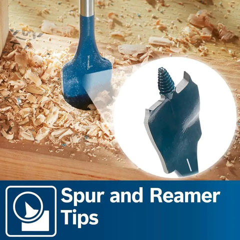Daredevil Spade Bit Set In Pouch From Bosch With Full Cone Threaded Tip For Fast Drilling Contoured Paddle For Quick Chip Removal Hex Shank Power Groove Reducing Slippage And Spur Reamer Tips For Cleaner Holes Includes Quarter To Eleven Sixteenth Inch shown with wood chips