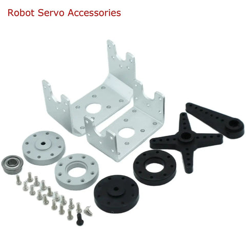 Robot servo accessory kit with two silver mounting brackets, black three-arm servo horns, round hubs, bearings, and screws.