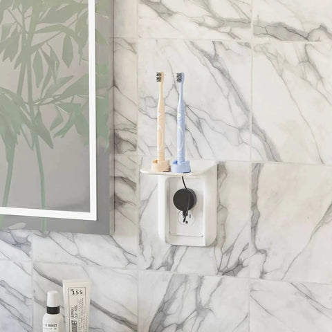 Outlet Shelf Wall Organizer For Bathrooms And Smart Homes, Space Saving Wall Mount With Cord Management, Keeps Toothbrushes Charged
