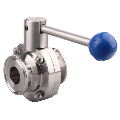 Stainless steel 304 tri-clamp butterfly valve with pull handle and blue knob, 1.5-inch tube OD