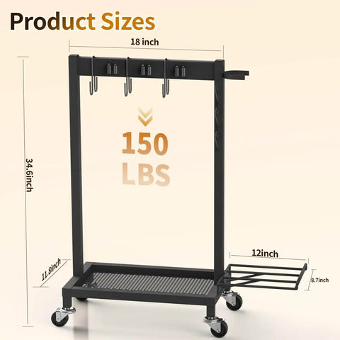 Beefed Up Cleaning Supplies Organizer And Broom Mop Holder Cart With Wheels showing product dimensions and 150 lb capacity