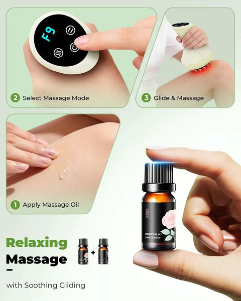 Chill Out Lymphatic Drainage Massager And Handheld Body Sculpting Machine shown with massage oil and usage steps