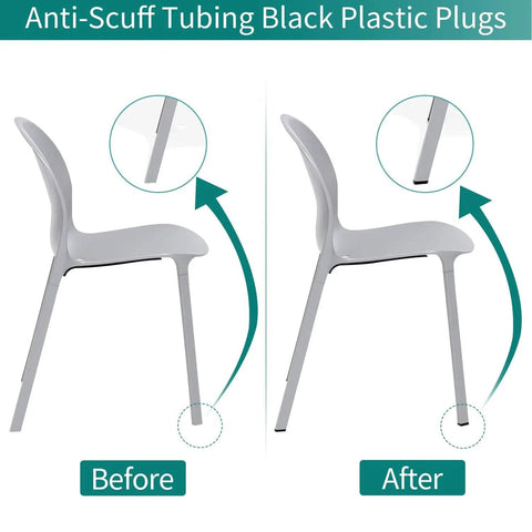 Before and after comparison of chair leg with 1x2 Inch Rectangle Tubing Plug Set Of 10 With End Caps For 1x2 Tubing, durable plastic plugs installed.