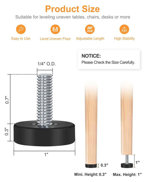 Diagram of 12 Pack Adjustable Leveling Feet One Quarter Inch 20 UNC for furniture DIY projects showing size measurements for easy install.