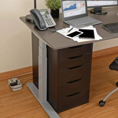 Office desk setup with Isobar 4-Outlet Surge Protector Power Strip With 6-Foot Cord Right Angle Plug 3330 Joules Metal Housing