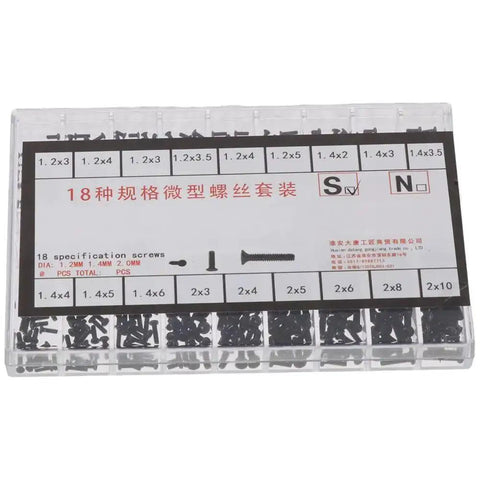 Small Screws Assortment Kit With 18 Kinds M1.2 M1.4 M2.0 Mini Micro Screws Set package with compartment view, black screws.