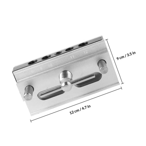 Self Centering Dowel Drilling Locator Jig with six hardened steel bushings in 1/4, 5/16, 3/8 inch, precise wood doweling drill guide.