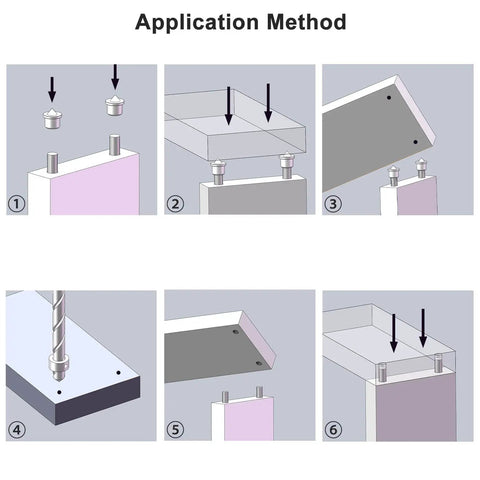Application method of 24 Piece Dowel Center Pins for Woodworking Kit, showing step-by-step alignment and drilling process.