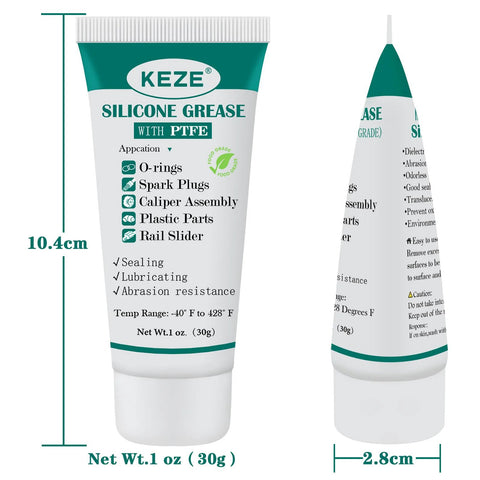 Front and side views of KEZE silicone grease with PTFE in white tube with teal cap; 1 oz for O-rings, plastic parts, rail sliders.