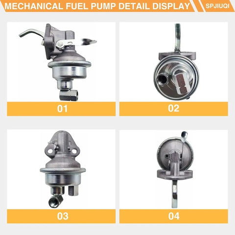Multiple views of Beefed Up Fuel Lift Pump for Cummins 4B 4BT 4BTA 6B 6BT 6BTA engines, including front and side angles
