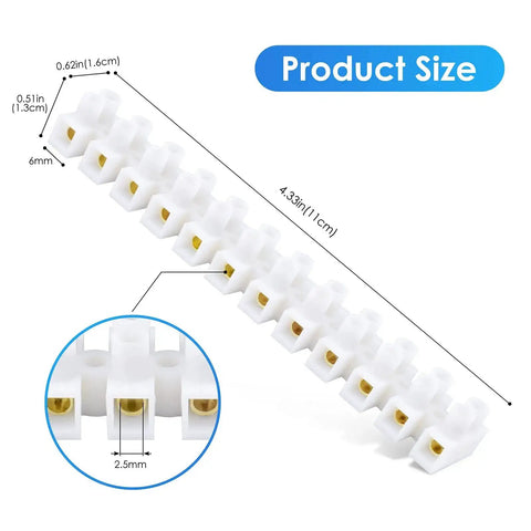 10 Or 20 Pack 12-Position Dual Row Screw Terminal Block Kit For Small Home Projects And Electrical Wiring, detailed size view