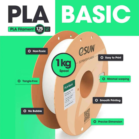 1.75mm 1kg Green PLA Filament for fast 3D printing spool with eSUN brand, highlighting non-toxic, tangle-free, and smooth printing features.