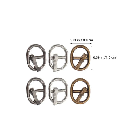 150 Piece Miniature Doll Belt Buckles And Tiny Alloy Buckle Set For DIY Sewing In Silver Gunmetal And Antique Copper For Doll Clothes Craft Projects And Snap Fasteners Kit For Grab And Go Easy Change, showing six buckles.
