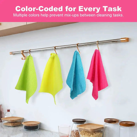 Colorful microfiber cleaning cloths hanging on a kitchen rod, part of 120 Pack Microfiber Cleaning Cloths For Cars And Home Use Reusable Towels 11x9 Multicolor With Crazy Handy Dispenser Box Scratch Free Lint Free Washable Rags For Detailing And Polishing.
