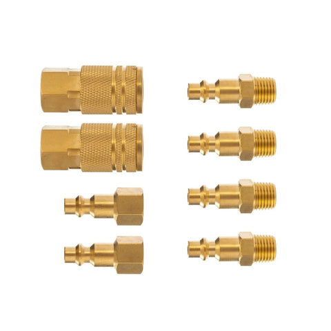 Brass Air Hose Fittings Kit With One Quarter Inch NPT Quick Connect Couplers Eight Piece Industrial Air Hose Repair Set