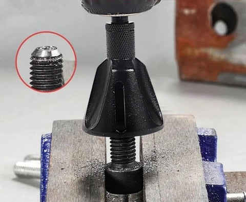 Close-up of Two Piece External Deburring Chamfer Tool With Carbide Blades For Heavy Duty Deburring Of Damaged Screws Bolts And Fasteners