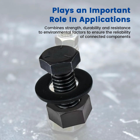 Black metal hex bolt with flat washer and nut, close-up hardware assembly