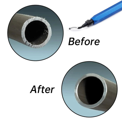 Deburring Tool Kit With 2 Pro Grade Deburring Tools And 10 Replacement BS1010 High Speed Steel Blades For Metal Resin PVC Copper Plastic Pipes And 3D Printed Edges Plumbing Burr Removal Reamer Set In Silvery Blue showing before and after deburring on pipes.