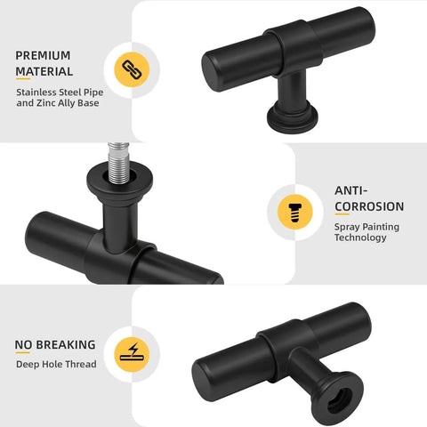 5 Pack Black Cabinet Knobs And Drawer Pulls, T Bar Dresser Handles, durable stainless steel and zinc alloy, close-up view