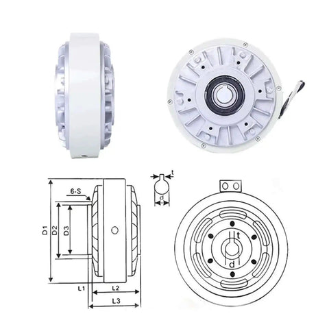 Front and side view of Heavy-Duty 25Nm Magnetic Powder Brake with hollow shaft for tension control and unwinding, 24V DC, 1000RPM