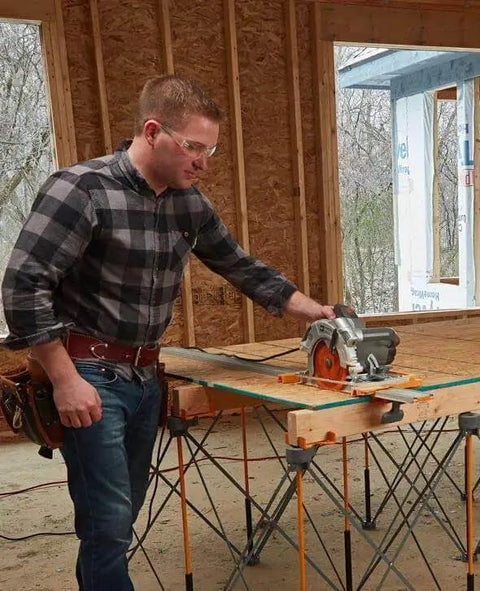 Man using 100 Inch Clamp Edge Saw Guide For Straight Cuts Aluminum Track Rail With Dual T Tracks in a workshop