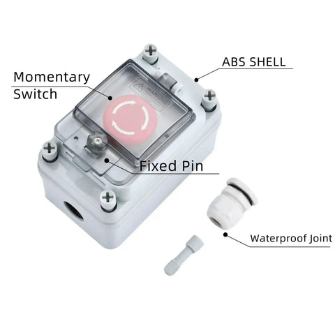 Image showing the Emergency Stop Button Box 660V 10A Waterproof Outdoor Safety Switch For Industrial Use with labeled parts.