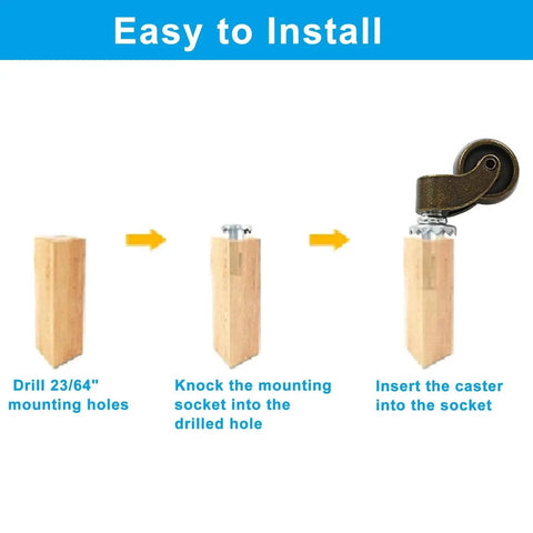 Installation guide for Antique Brass 1 Inch Swivel Stem Ball Caster Wheel Set For Furniture And Desks with mounting sockets.