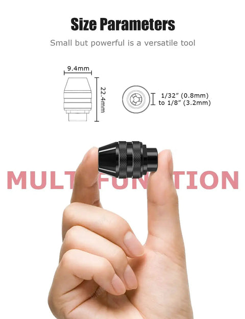 Hand holding a keyless drill chuck, 1/32 to 1/8 inch shank, universal 3-jaw, part of the Keyless Drill Chuck Collet Set For Rotary Tools 14 Piece.