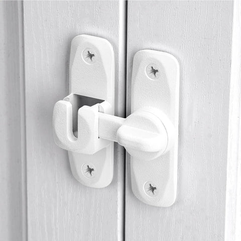 Matte White 90 And 180 Degree Barn Door Latch Zinc Alloy Flip Lock installed on white cabinet door