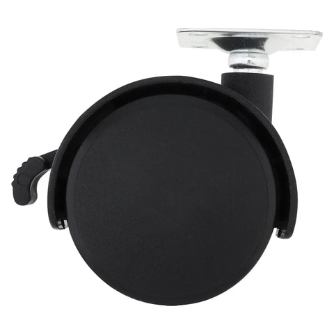Front view of black 2 Inch Caster Wheels With Brakes, Swivel Nylon Plate Casters Set Of 4 for Rolling Carts and Tables, metal plate shown.