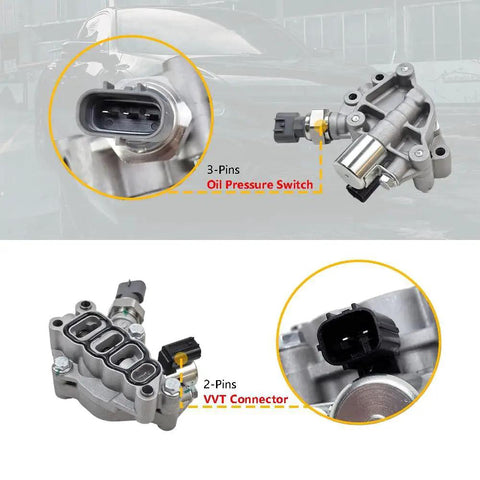 Close-up view of VVT Solenoid Spool Valve Kit with Gasket for Honda Accord Odyssey Pilot V6 3.0L 3.5L Engines, with connectors.