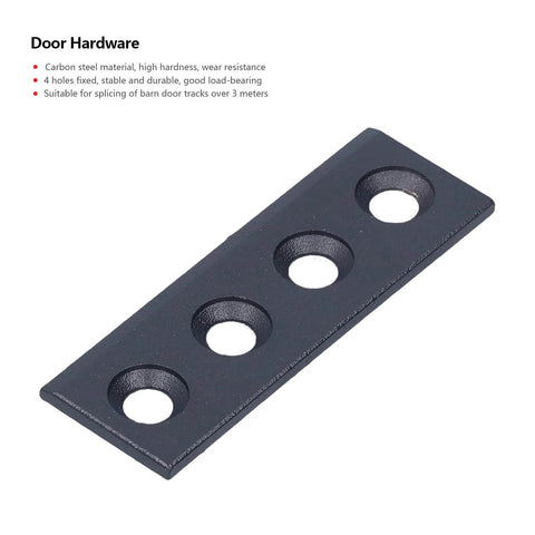 Rock Solid Carbon Steel Barn Door Track Connector Plate For Sliding Doors 8x2.7cm showing 4-hole design, made of carbon steel.