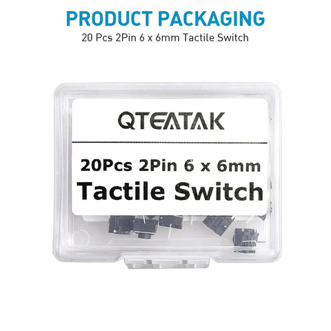 Product packaging for 20 Pcs 6mm 2 Pin Momentary Tactile Push Button Switch Through Hole Breadboard Friendly for Panel and PCB Projects