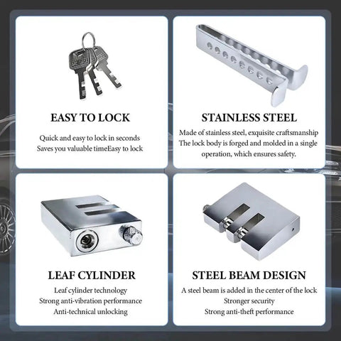 Eight Hole Brake Pedal Lock showcasing keys, stainless steel lock, with leaf cylinder and steel beam design for vehicle theft prevention.