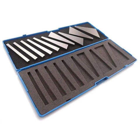 Precision Angle Block Set Oudtinx 10 Piece Hardened And Ground Blocks in fitted case, 3 inches long, 1/4 inch thick.
