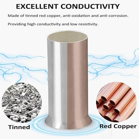 50 Pieces AWG 1/0 Wire Ferrules Kit With Tinned Copper Crimp Connectors, pro-grade tinned and red copper materials for electric cables.