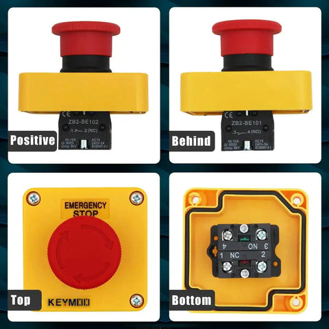 2 Pack Emergency Stop Push Button Switch 10A 660V IP65 Waterproof Box With PG13.5 Black Connectors, four angles view.