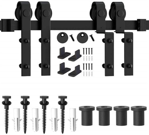Heavy Duty Sliding Barn Door Hardware Kit With Single Track Bypass For Double Doors, Flat Black 183Cm Track, 6 Ft Length, Hardware Kit Only