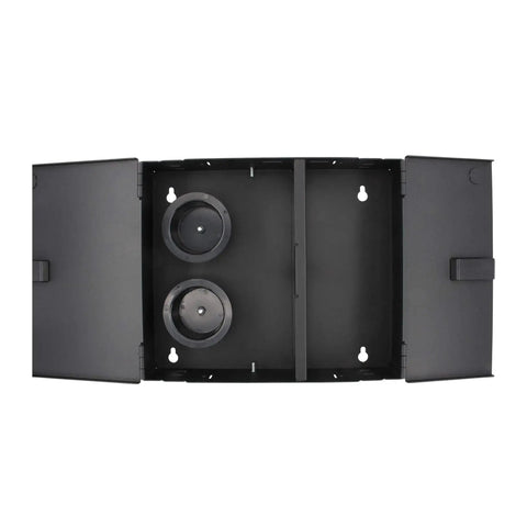 Top view of 2-Door Wall-Mount Fiber Enclosure With 2 Adapter Panels, All-Metal Construction, open showing interior setup.