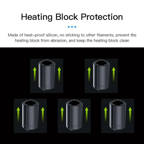 Image of five silicone socks for 0.4mm Unicorn Nozzle Kit For K2 Plus Hi Combo And K2 Pro 3D Printers, showing heat-proof protection benefits.