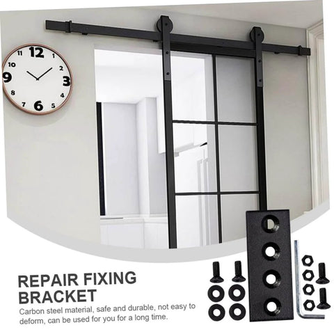 Heavy Duty Metal Flat Plate Track Connector For Barn Door Flat Brace Bracket Mending Repair And Upgraded For Sliding Barn Door Track Connection With Rust Resistant Finish Smooth Surface And No Fuss Install, shown installed on a barn door with a clock on the wall.