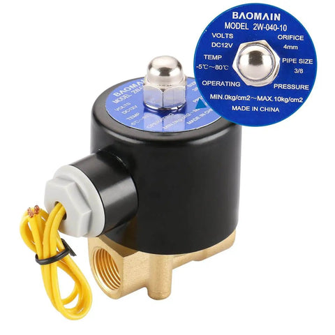 Three Eighths Inch Brass Electric Solenoid Valve 12 Volt DC Normally Closed For Water And Air Lines Direct Acting Wet Armature Design Heavy Duty Pneumatic Valve Model 2W 040 10 shown with 3/8 inch ports and wiring