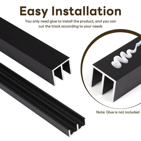 Aluminum Sliding Door Track Set For Quarter Inch Glass Panels, Black Finish, showing close-up of rails, easy installation.