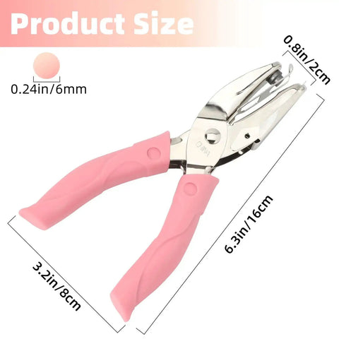 1/4 Inch Circle Hole Punch Handheld Paper Punch with pink grip handle, showing product size dimensions
