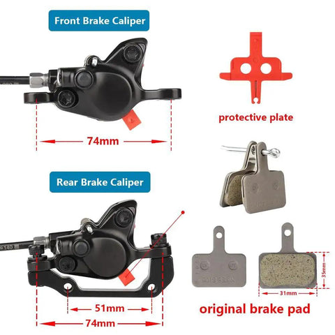 Front and rear Cyclon MT200 MTB hydraulic disc brake caliper set with aluminum bodies and 74mm mounting width; pads included