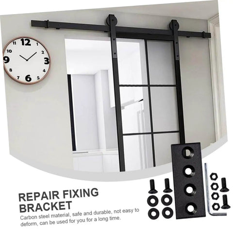 Heavy Duty Metal Track Connector Flat Plate For Barn Door Brackets with included screws shown against installed door track system